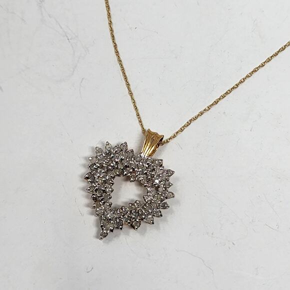 10K Gold 1 Carat Diamond Cluster Heart Shaped Necklace - Picture 1 of 8